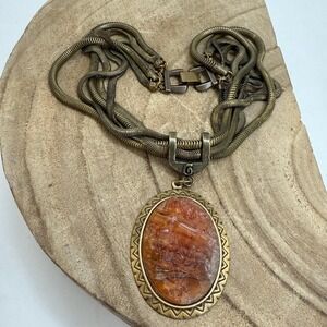 Unique Bronze Multi Snake Chain Orange Acrylic Pendant Necklace Unknown Maker